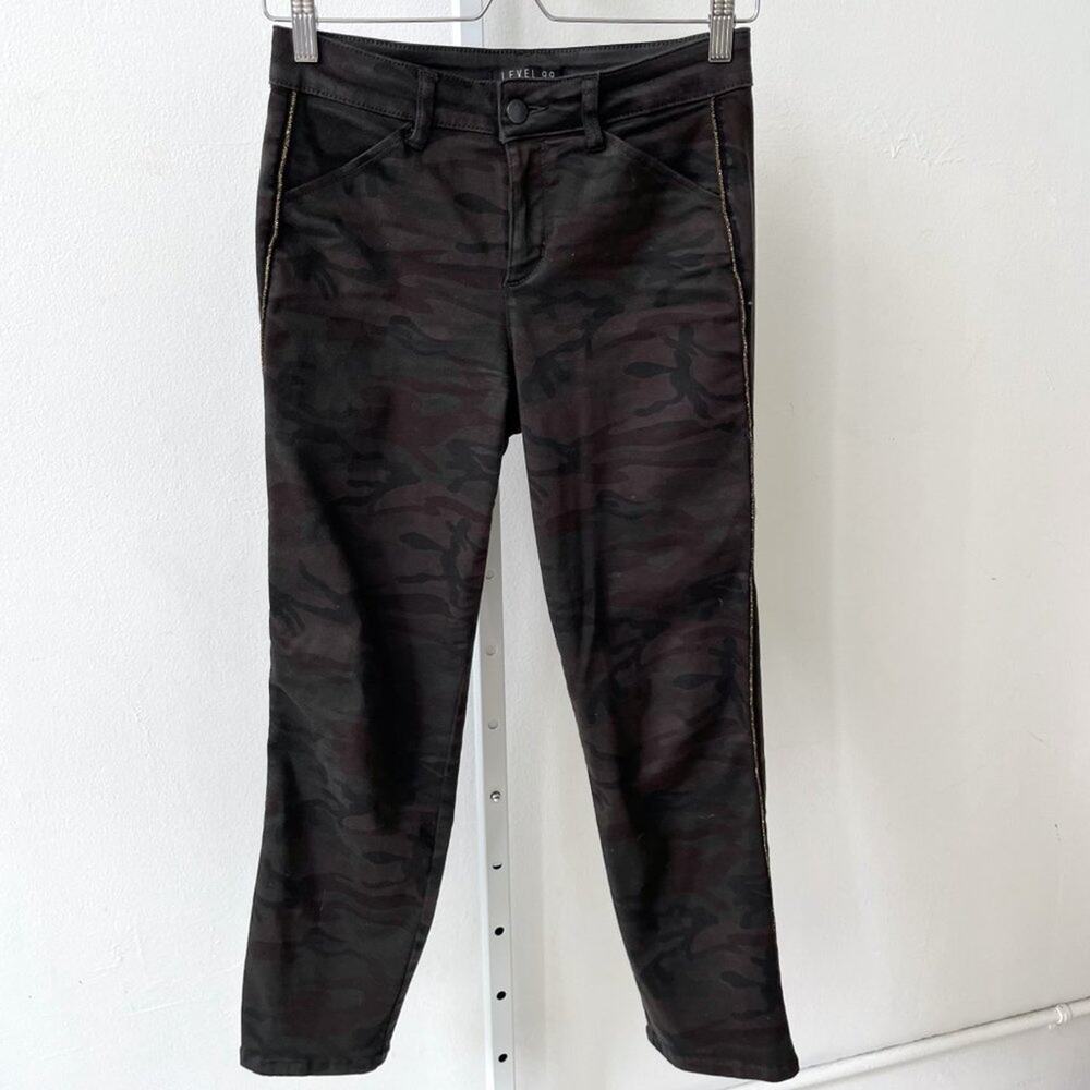 Level 99 Sz 25 Evereve Midnight Camo Trouser Ankle Pants Gold Piping Camouflage